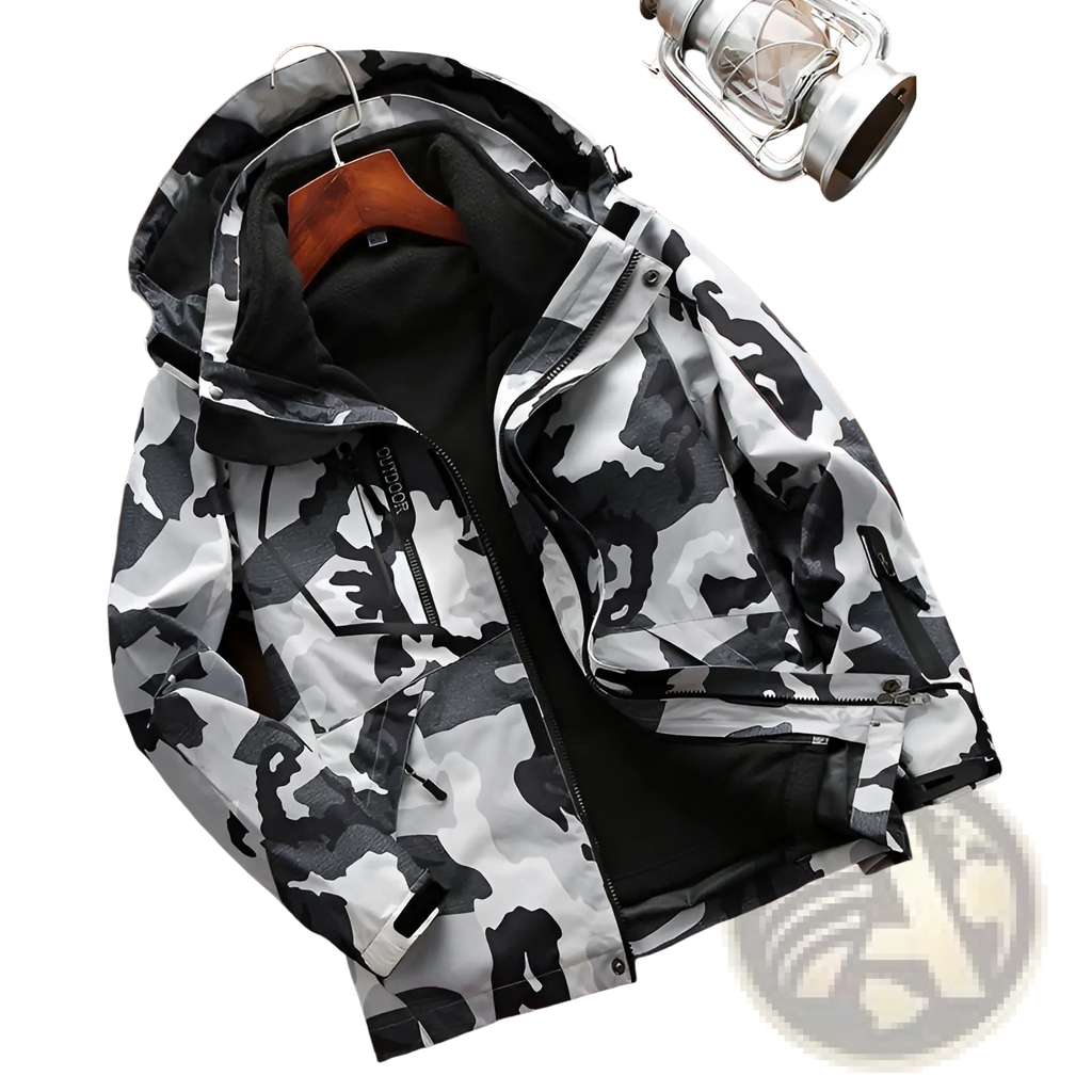 Men three-in-one waterproof winter sportswear jacket with black and white camouflage pattern, hood, zipper, and black lining