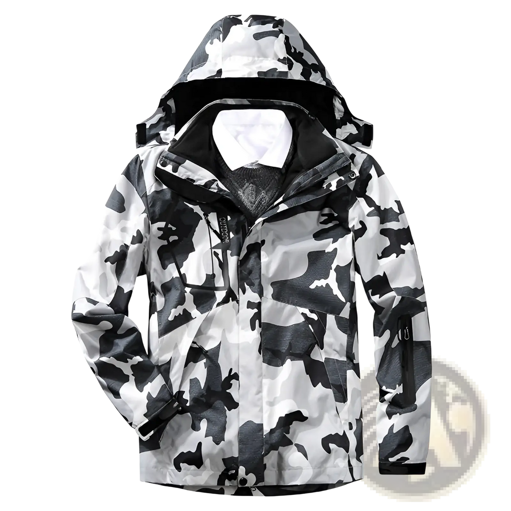 Men three-in-one waterproof winter sportswear jacket in black and white camouflage with hood zipper closure and zippered pockets