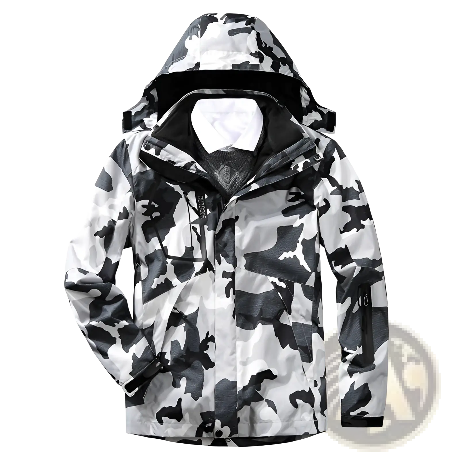 Men three-in-one waterproof winter sportswear jacket in black and white camouflage with hood zipper closure and zippered pockets