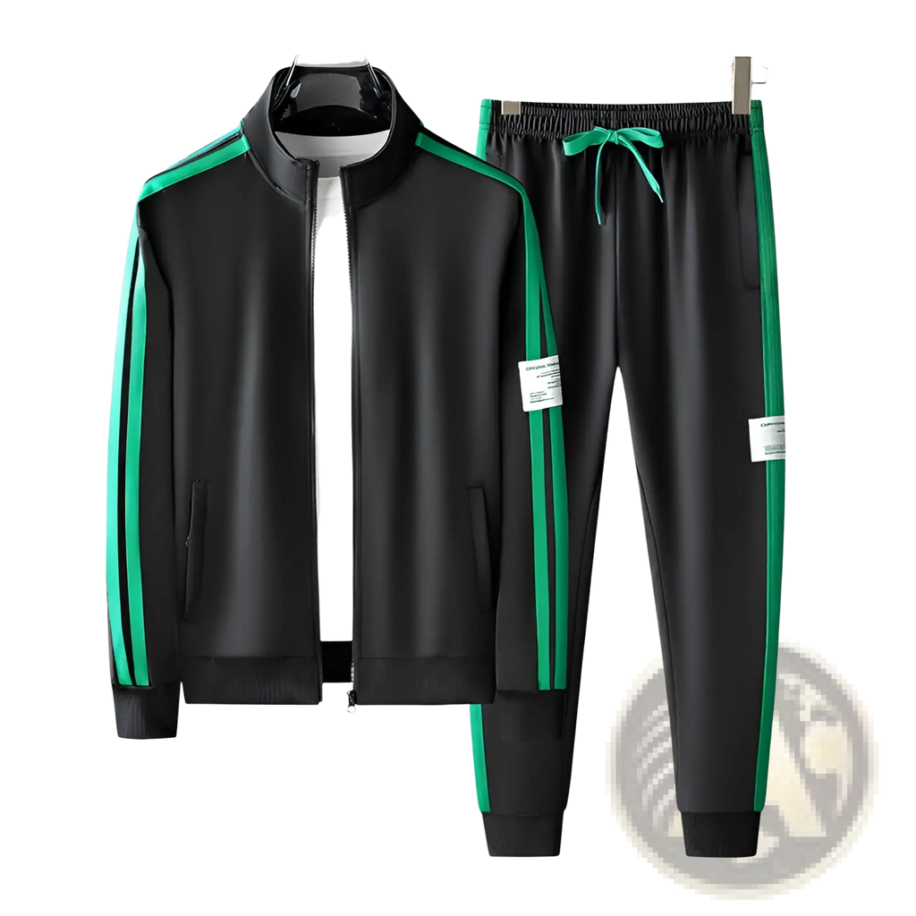 Men track suit zip two piece set green featuring black fabric with vibrant green stripes and drawstring waistband