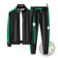 Men track suit zip two piece set green featuring black fabric with vibrant green stripes and drawstring waistband