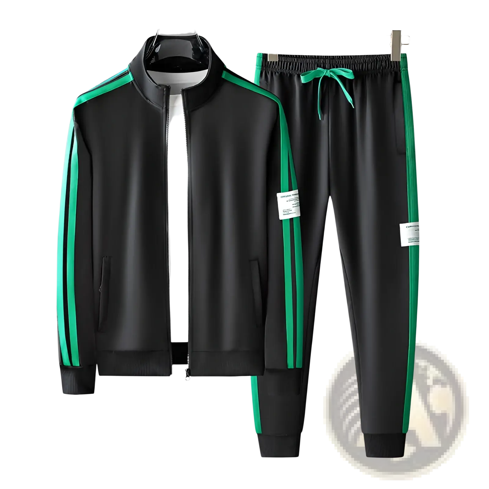 Men track suit zip two piece set green featuring black fabric with vibrant green stripes and drawstring waistband