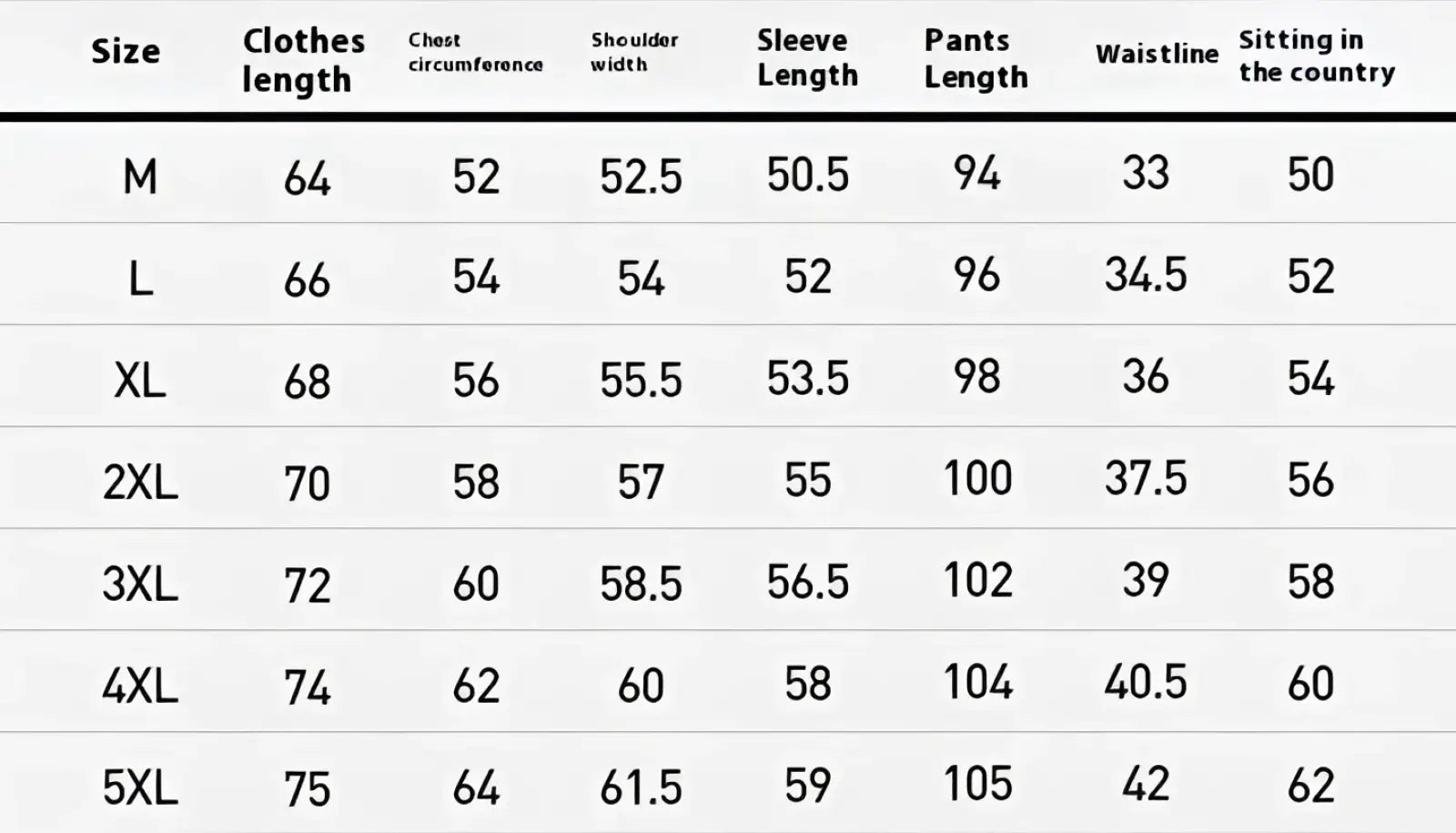 The table displays a size chart for the men track suit zip two piece set green including various garment measurements from m to 5xl