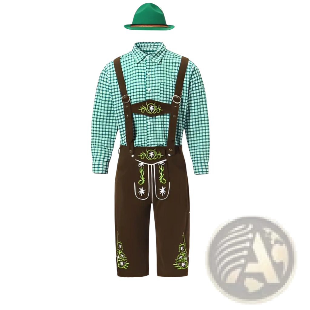 Men traditional Bavarian lederhosen costume featuring brown leather lederhosen with green embroidery and matching green hat