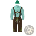 Men traditional Bavarian lederhosen costume featuring brown leather lederhosen with green embroidery and matching green hat