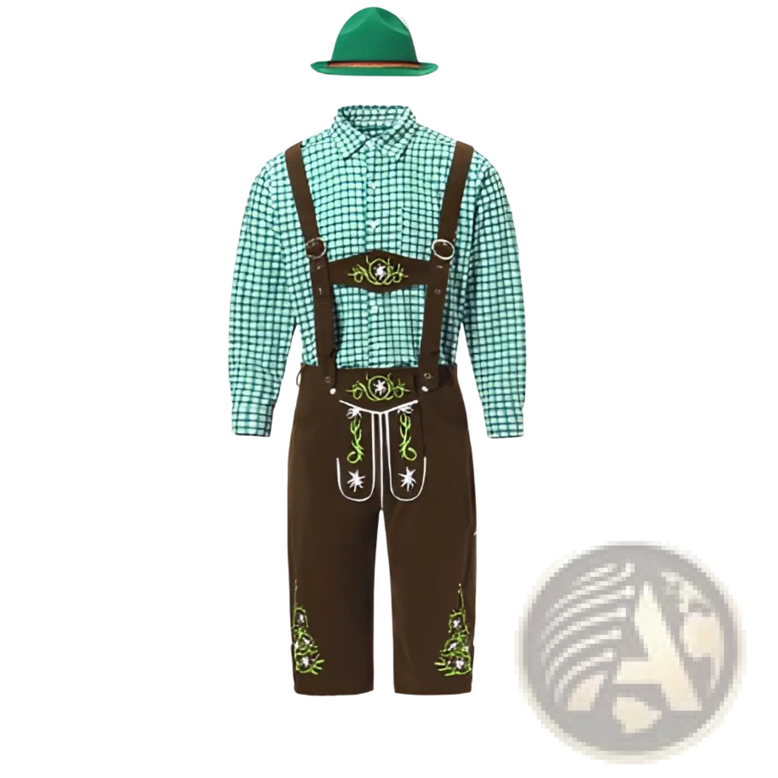Men traditional Bavarian lederhosen costume featuring brown leather lederhosen with green embroidery and matching green hat