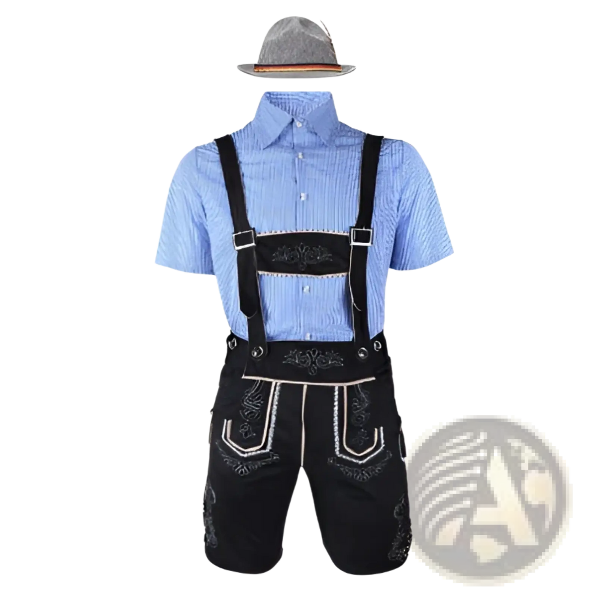 Men traditional bavarian lederhosen costume featuring black leather lederhosen with white embroidery and matching hat