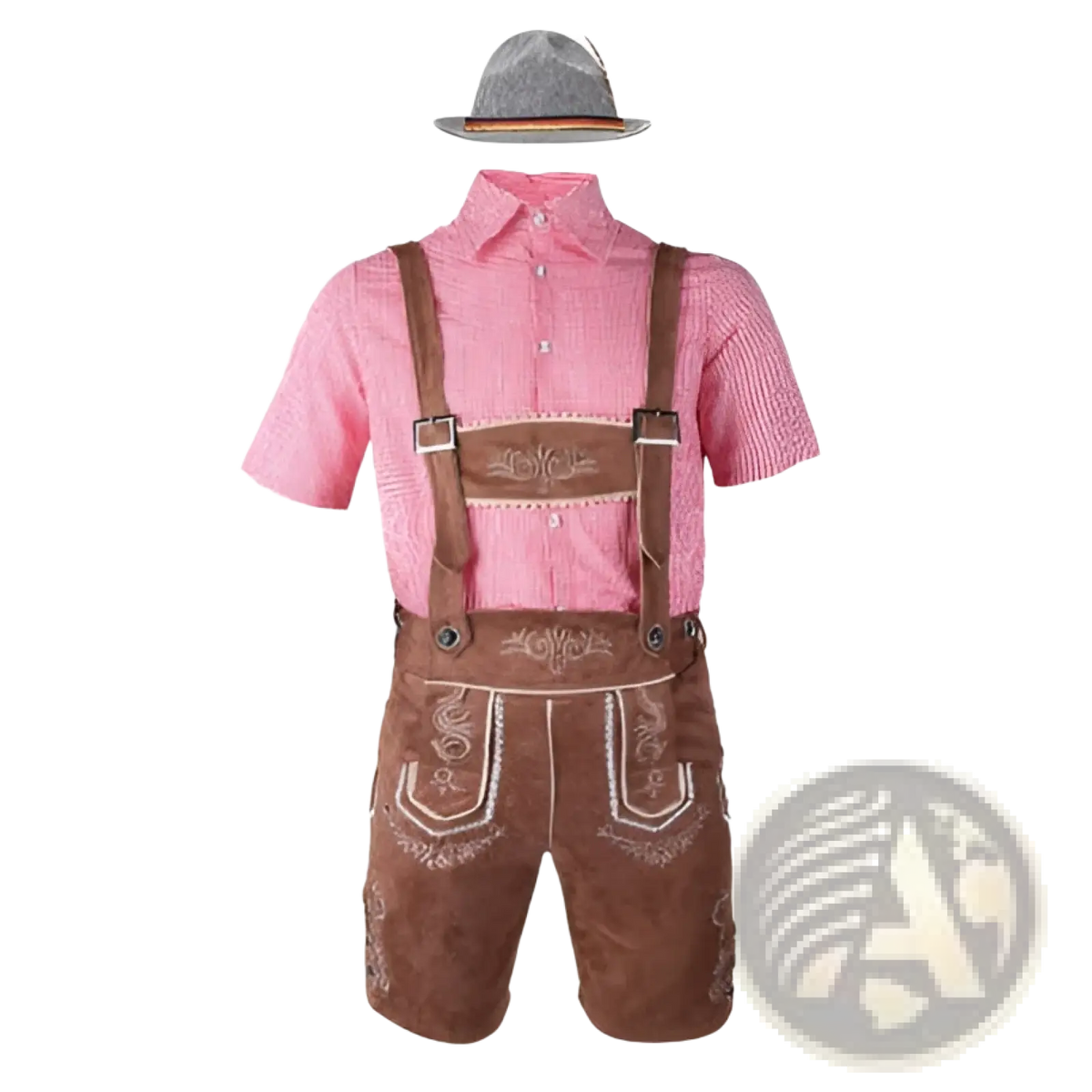 Men traditional Bavarian lederhosen costume featuring brown leather lederhosen with white embroidery, pink checkered shirt, and gray hat