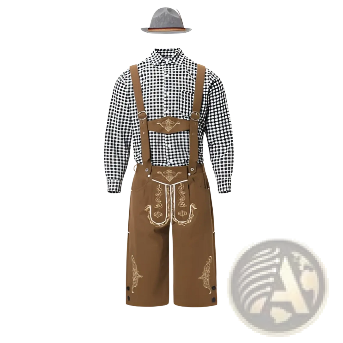 Men traditional bavarian lederhosen costume featuring brown leather lederhosen with gold embroidery and matching suspenders over a black and white checkered shirt