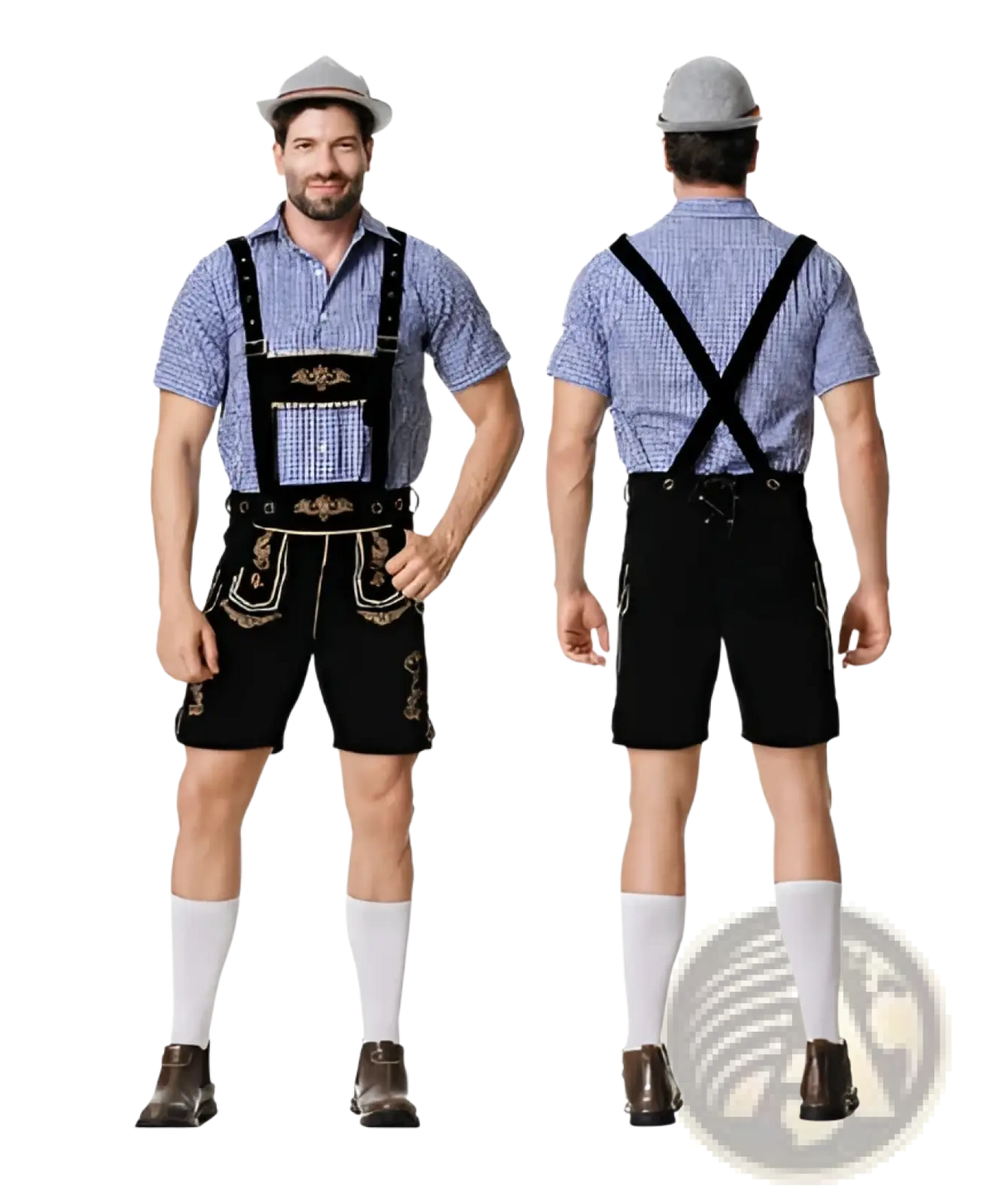 Men traditional bavarian lederhosen costume in black leather with gold embroidery and adjustable suspenders