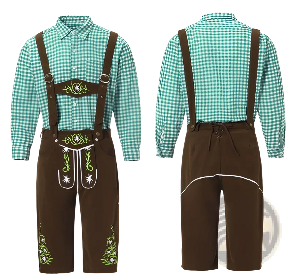 Men traditional Bavarian lederhosen costume in brown leather with green and white embroidered star patterns and matching checkered shirt