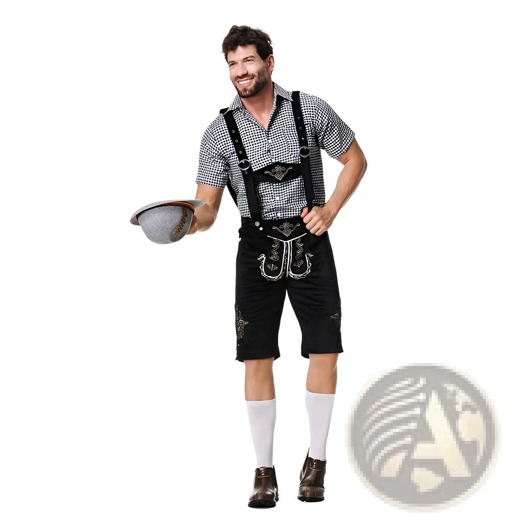 Men traditional Bavarian lederhosen costume featuring black leather with silver embroidery and decorative buckles