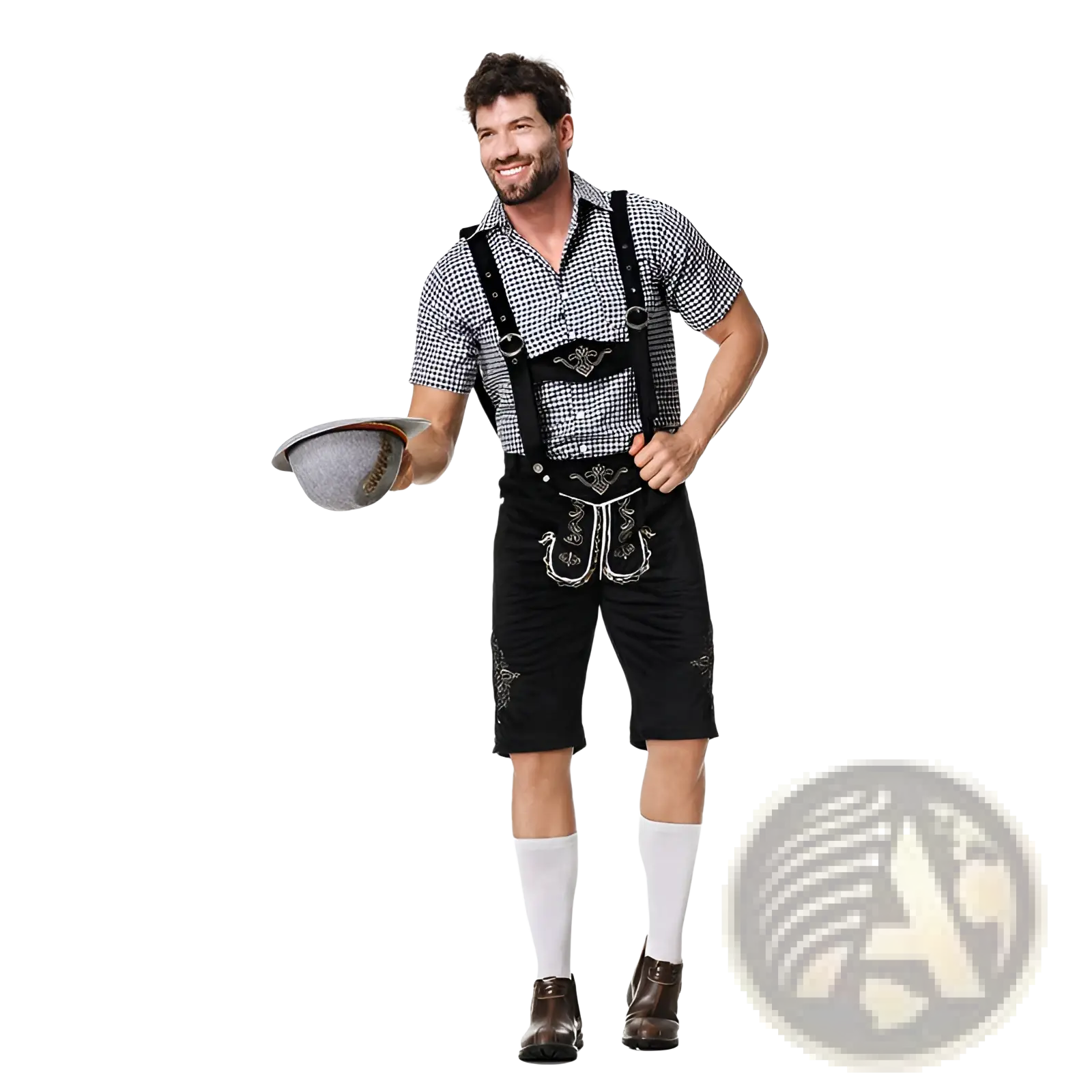 Men traditional Bavarian lederhosen costume featuring black leather with silver embroidery and decorative buckles