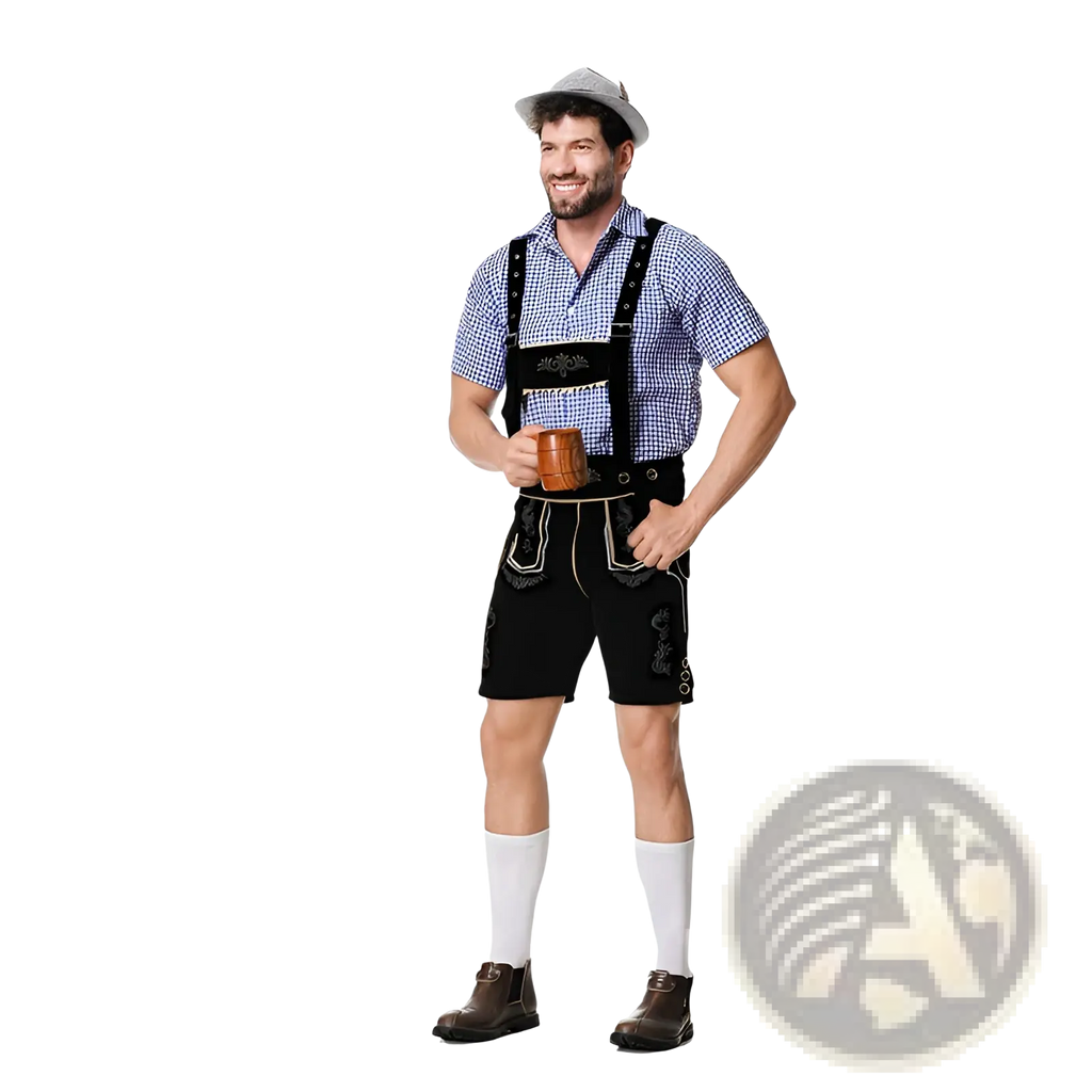 Black leather men traditional Bavarian lederhosen costume with embroidered trim and decorative stitching