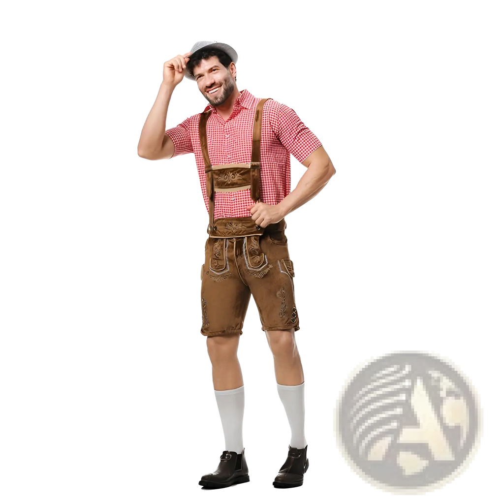 Men traditional Bavarian lederhosen costume featuring brown leather with embroidered detailing and matching suspenders