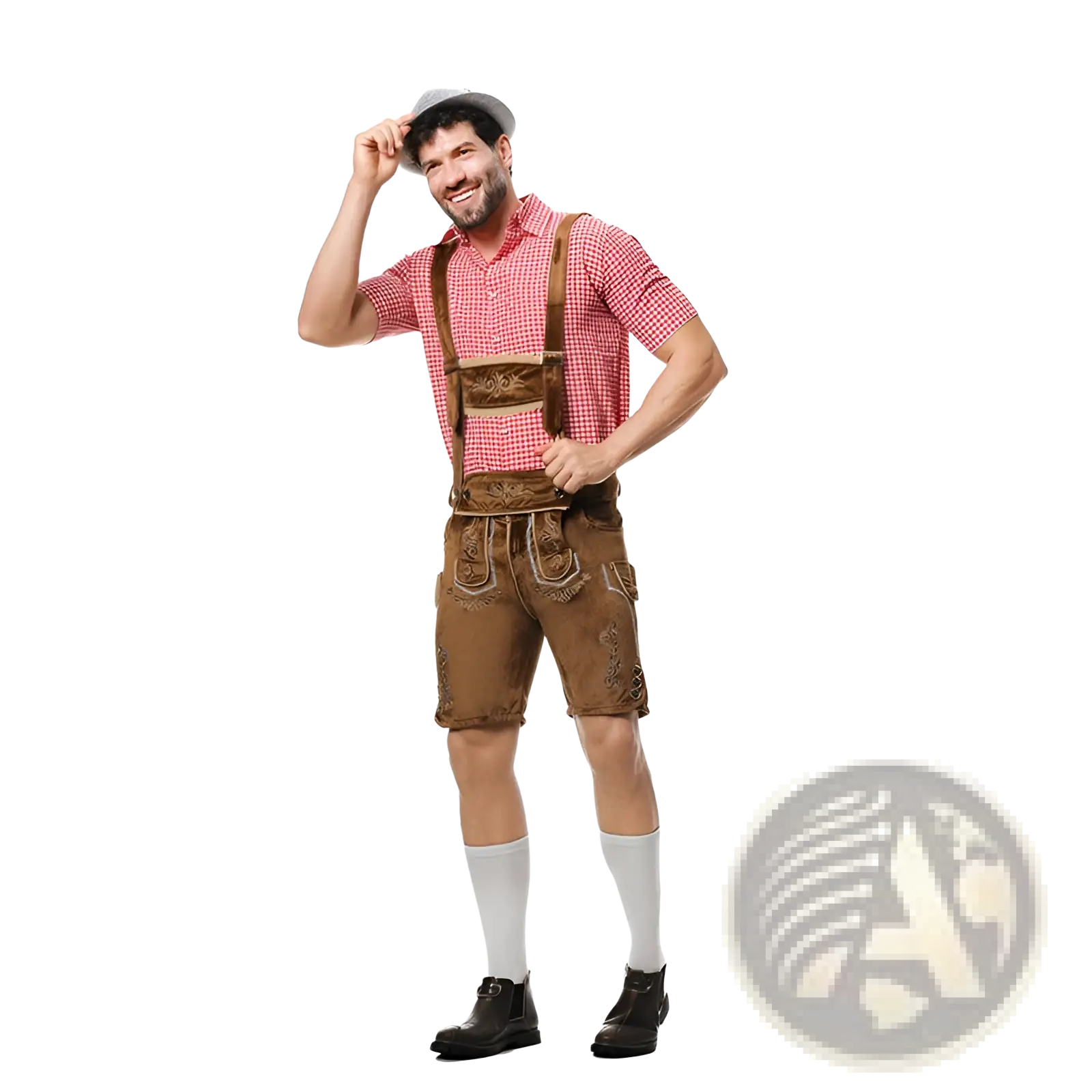 Men traditional Bavarian lederhosen costume featuring brown leather with embroidered detailing and matching suspenders