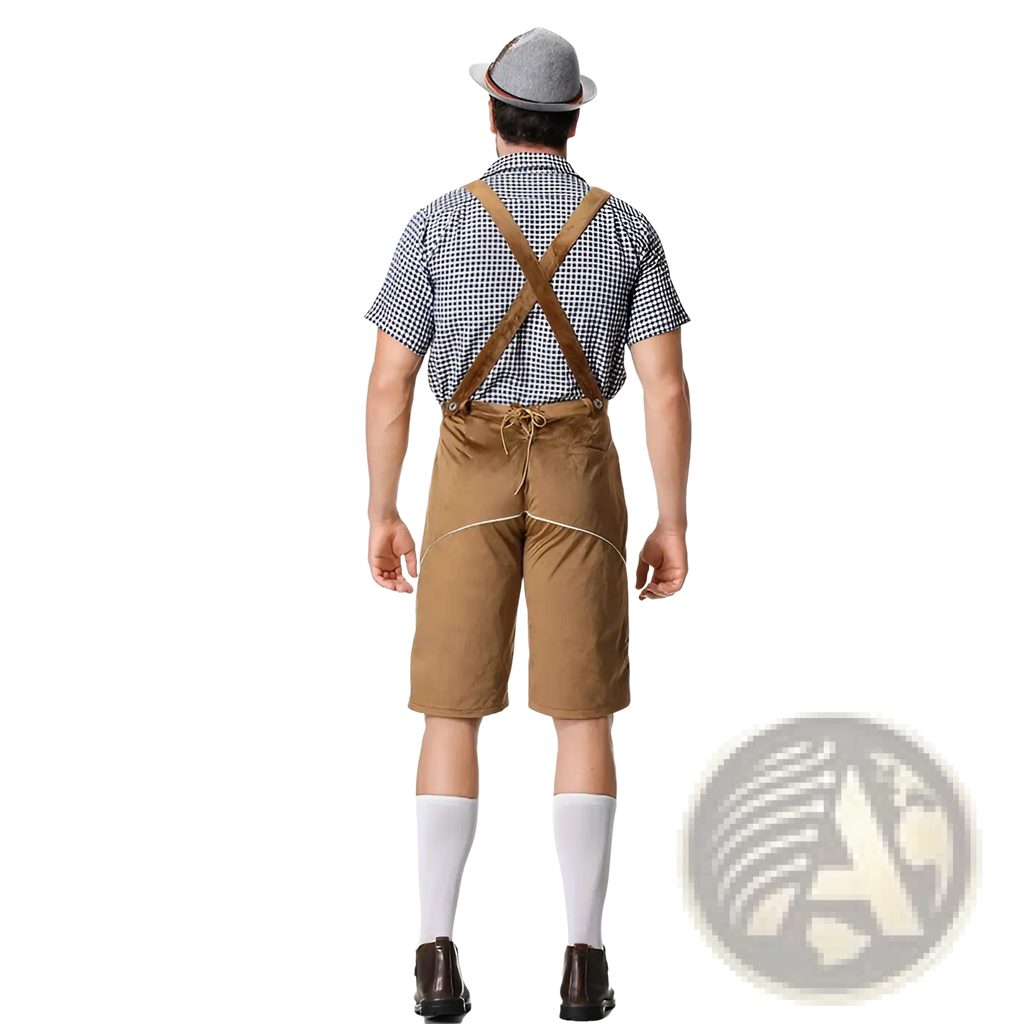 Back view of brown leather suspenders with cross-back design worn over checkered shirt for men traditional bavarian lederhosen costume