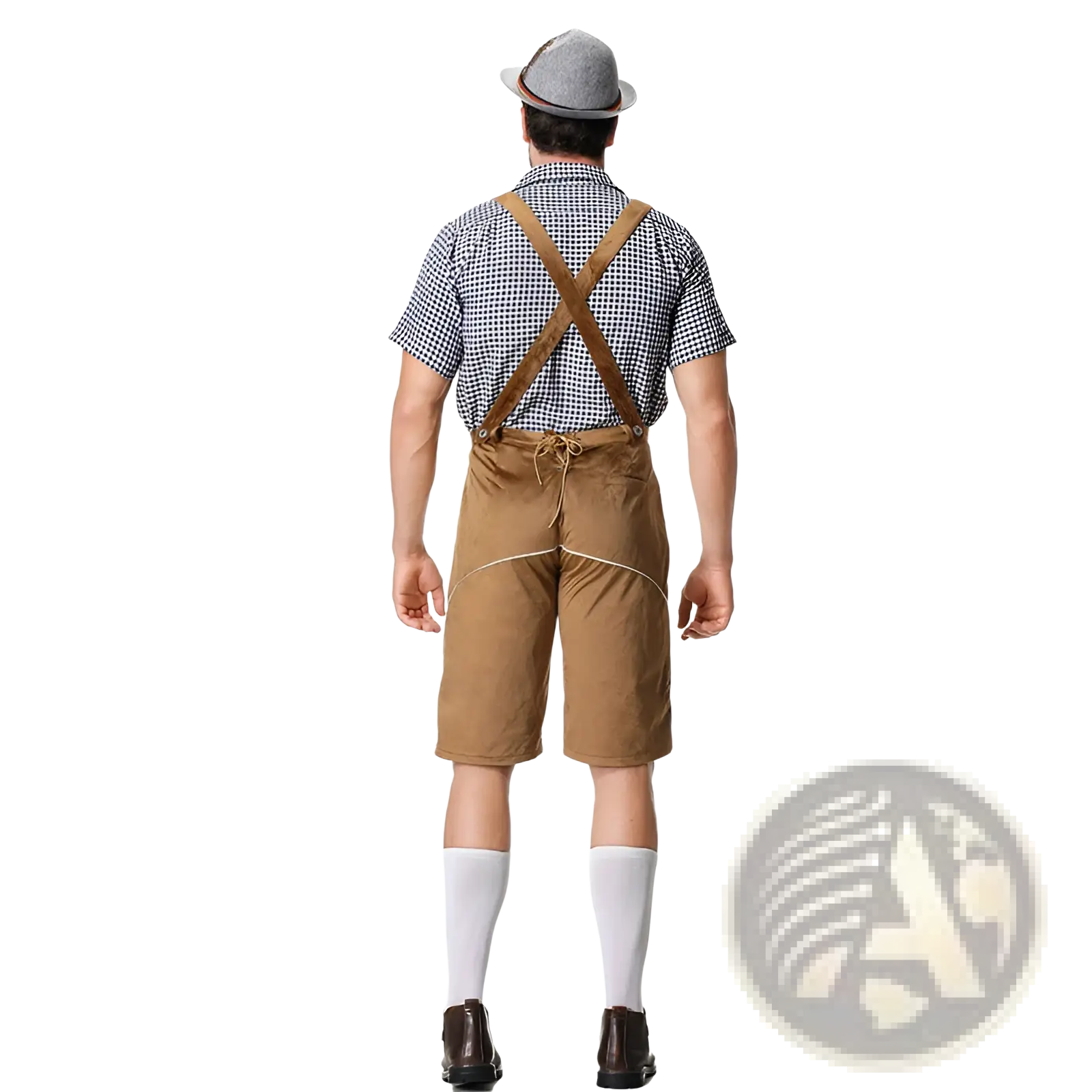 Back view of brown leather suspenders with cross-back design worn over checkered shirt for men traditional bavarian lederhosen costume