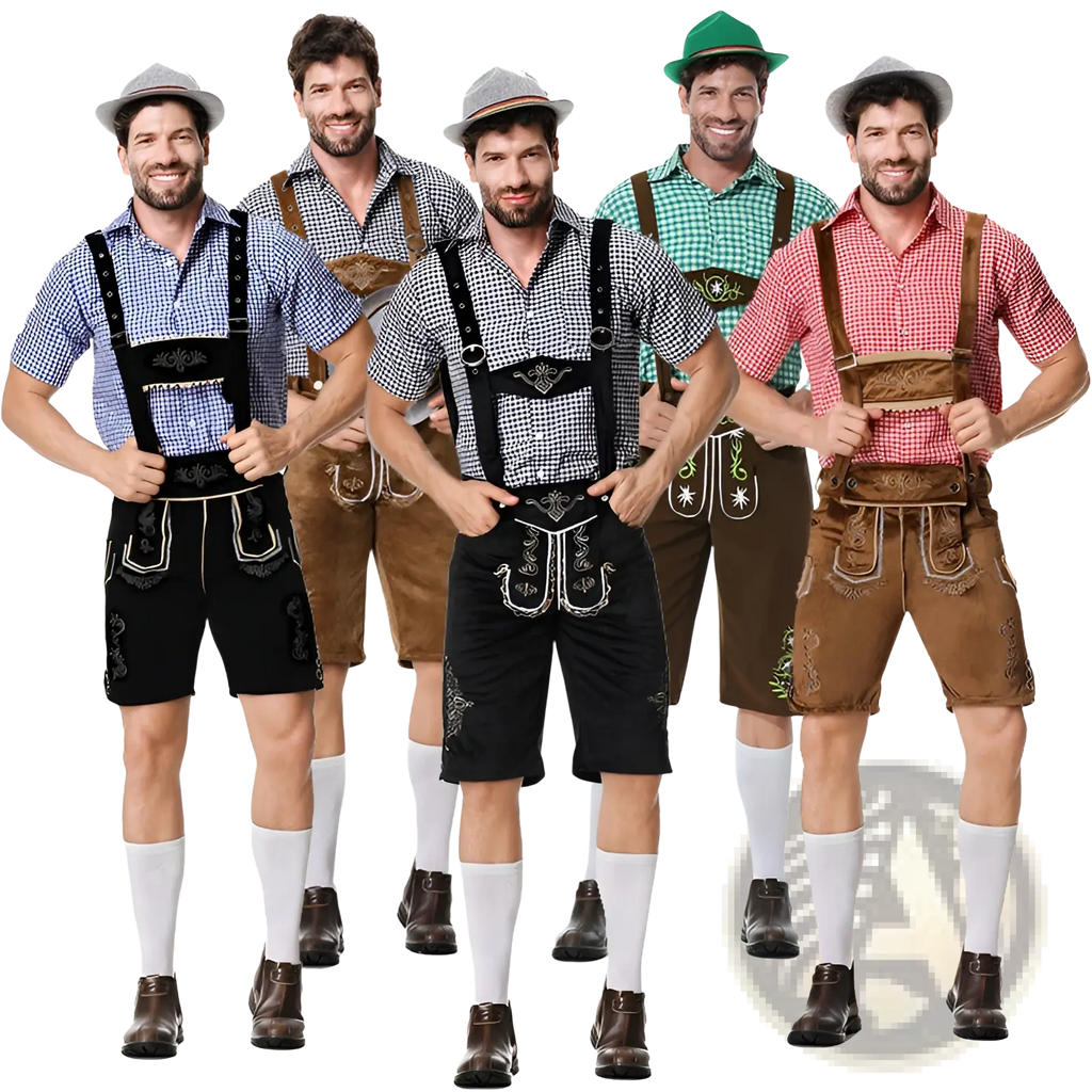 Men traditional bavarian lederhosen costume with embroidered detailing and matching suspenders in brown leather