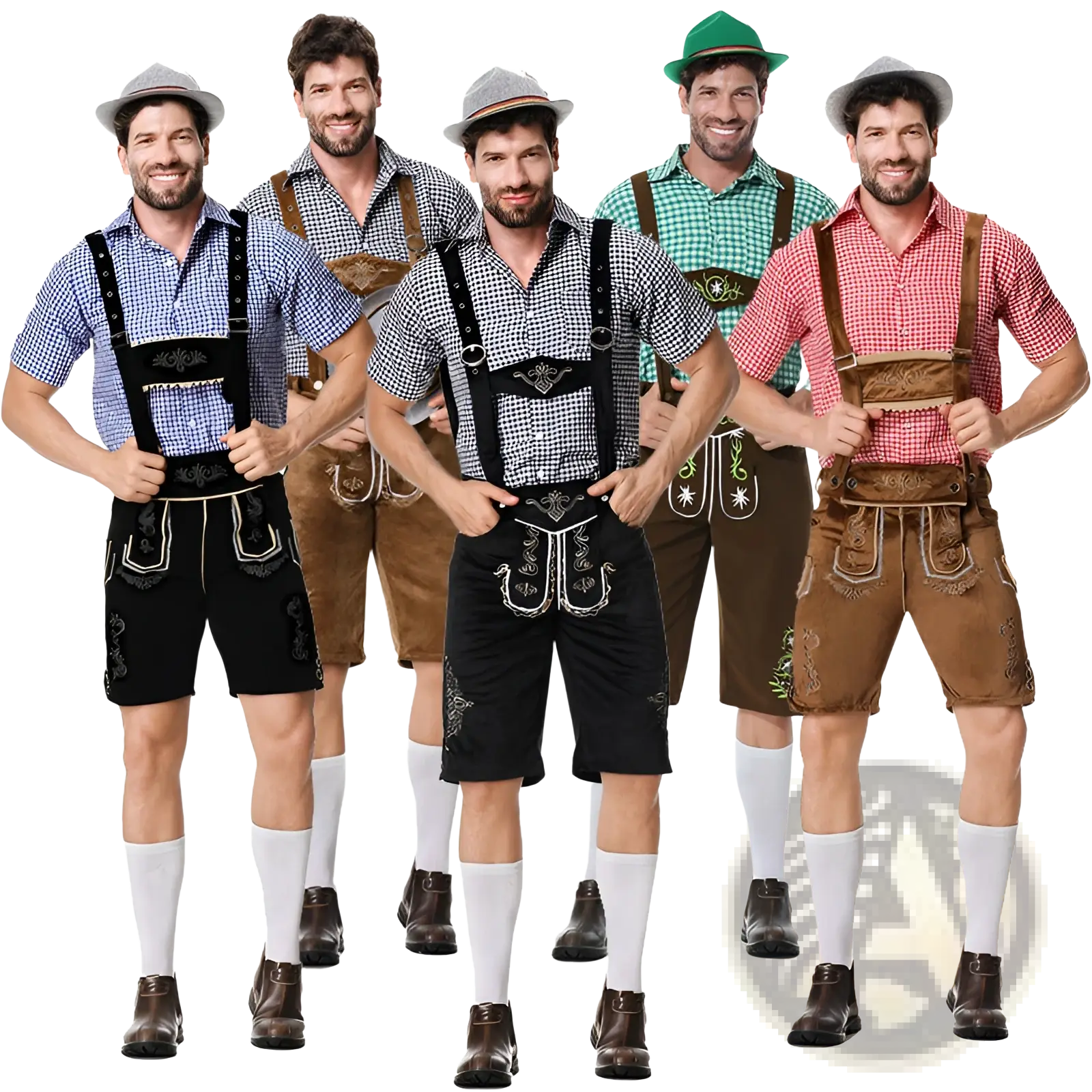 Men traditional bavarian lederhosen costume with embroidered detailing and matching suspenders in brown leather