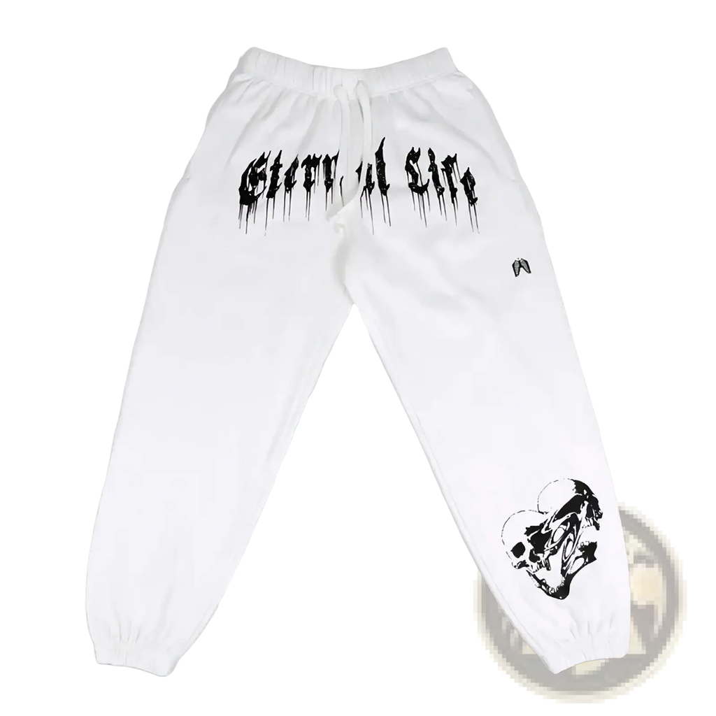 Men training pants white sweatpants with black graffiti text ghettos of life and skull graphic on lower leg