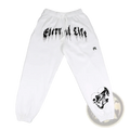 Men training pants white sweatpants with black graffiti text ghettos of life and skull graphic on lower leg