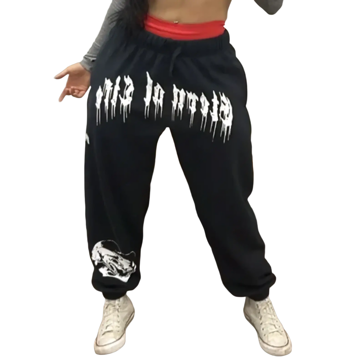 Men training pants graphic sweatpants in black with white dripping lettering and a white tiger print on the leg