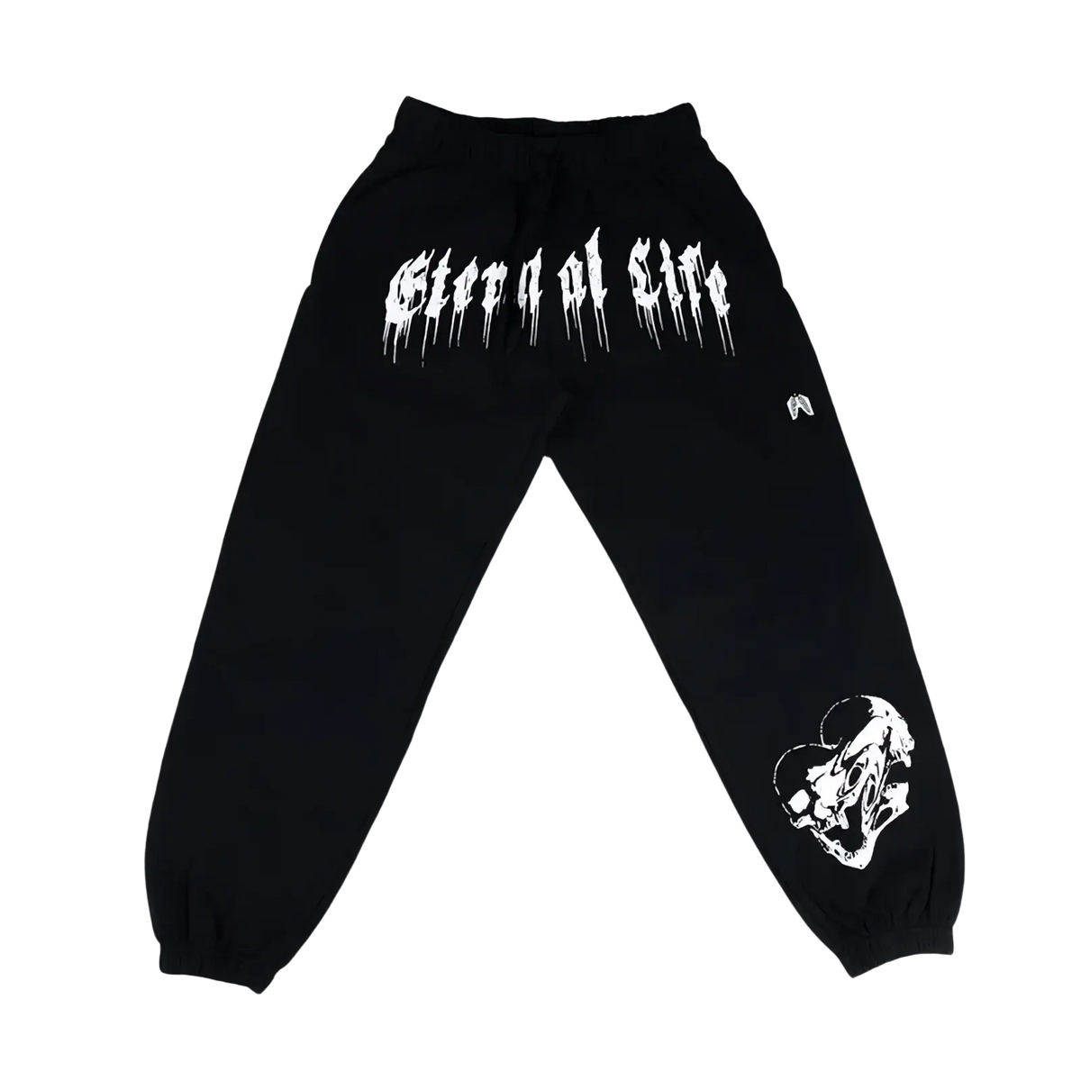 Men training pants graphic sweatpants in black with white dripping lettering on back and skull graphic on left leg