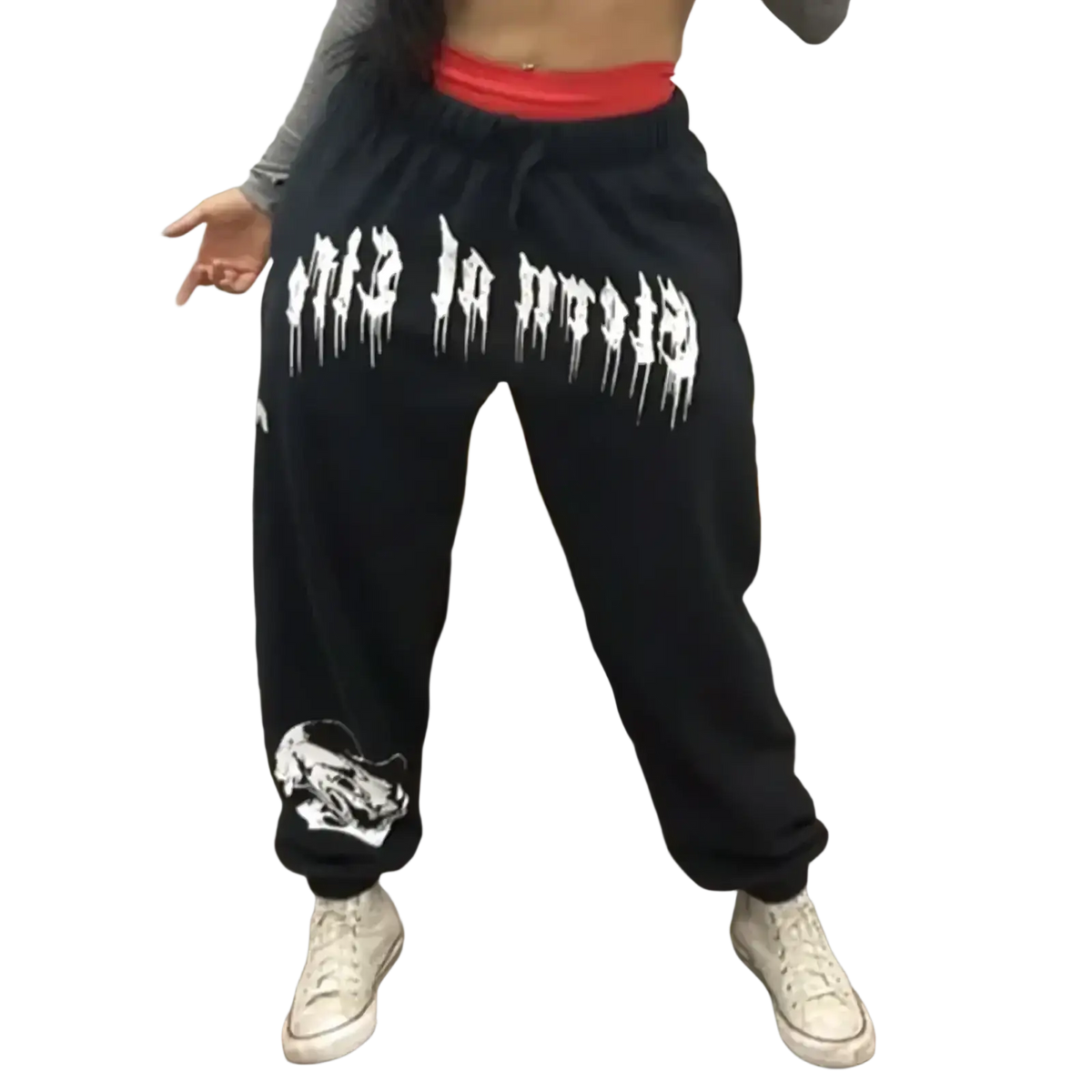 Men training pants black sweatpants with white dripping lettering and skull graphic for activewear use