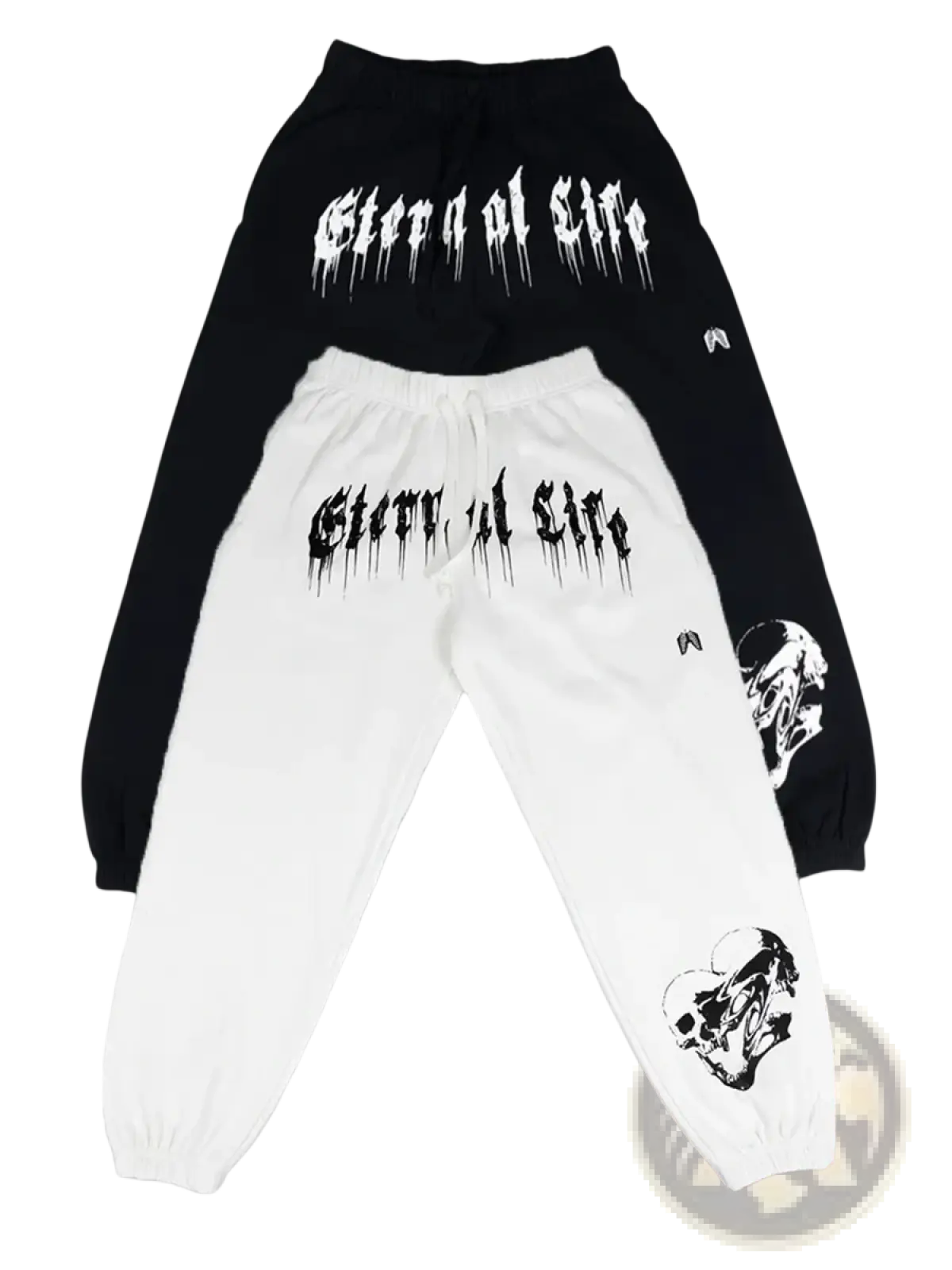 Black and white men training sweatpants with glove a life gothic font on back and skull graphics on lower legs