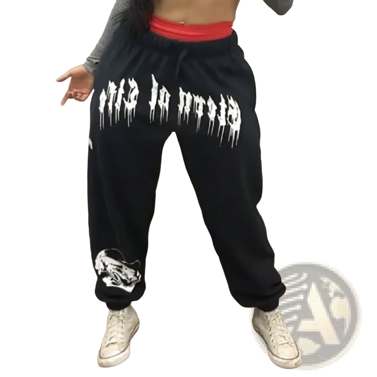 Men training pants graphic sweatpants in black with white dripping lettering and a white tiger print on the leg