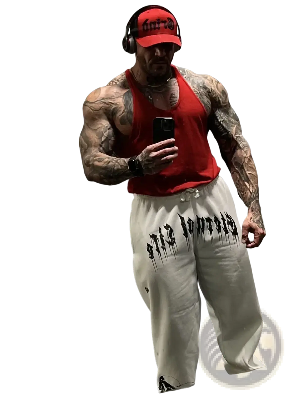 Men training pants graphic sweatpants in red with white drawstring waistband and black graffiti-style side lettering