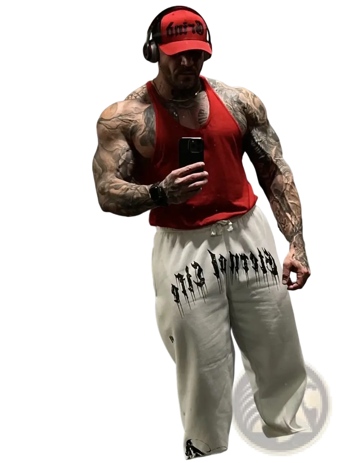 Men training pants graphic sweatpants in red with white drawstring waistband and black graffiti-style side lettering