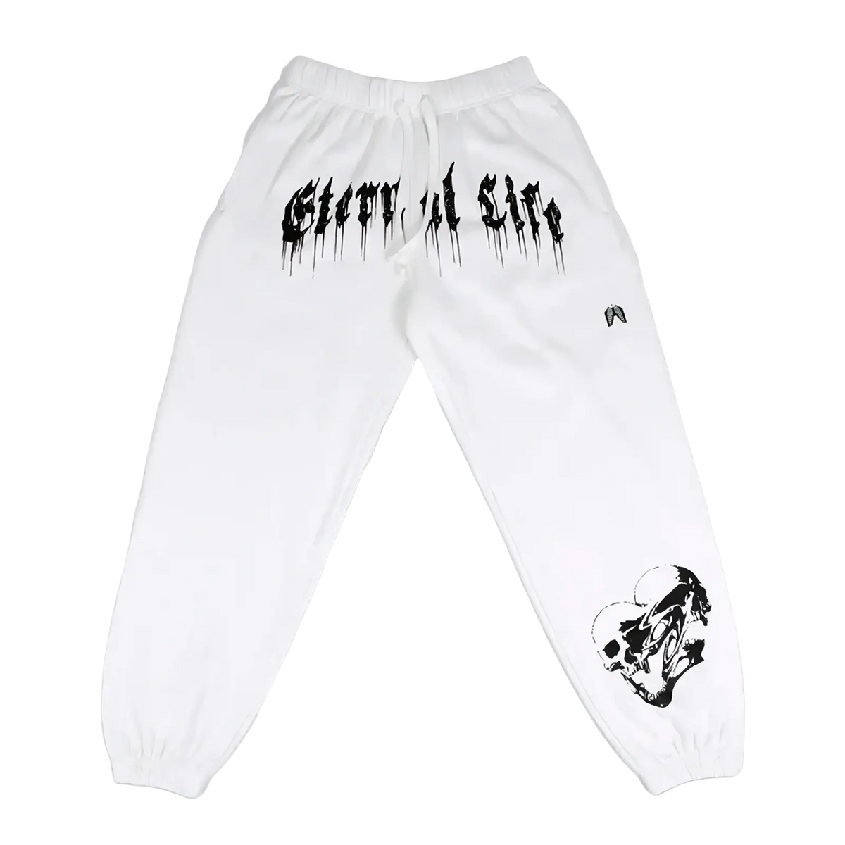 Men training pants white sweatpants with black graffiti text ghettos of life and skull graphic on lower leg
