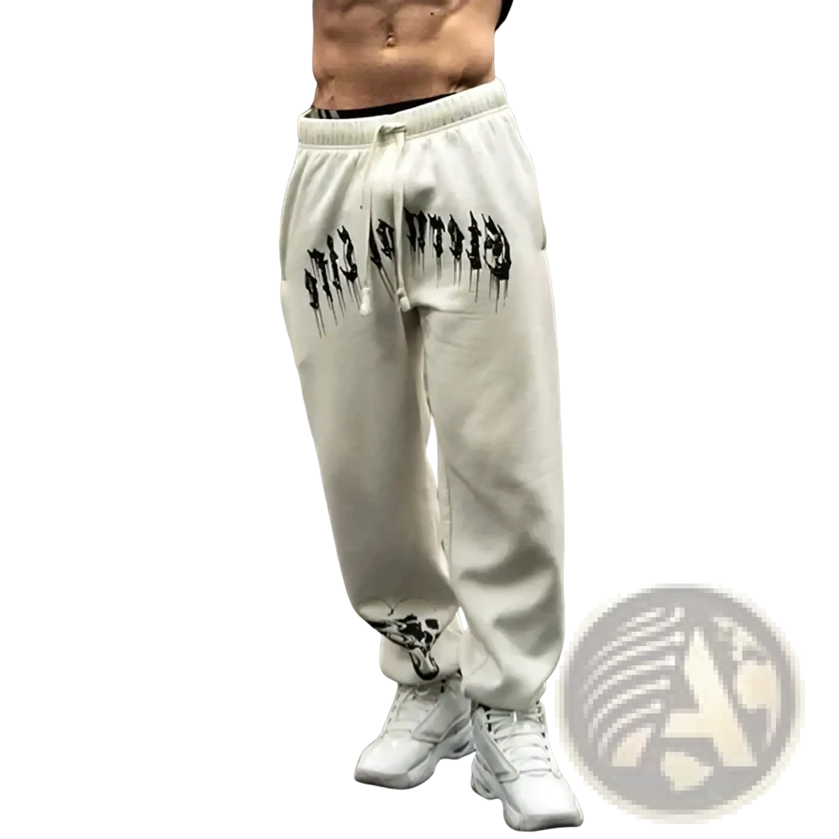 Men training pants graphic sweatpants in white with black graffiti lettering and skull graphics at the cuffs