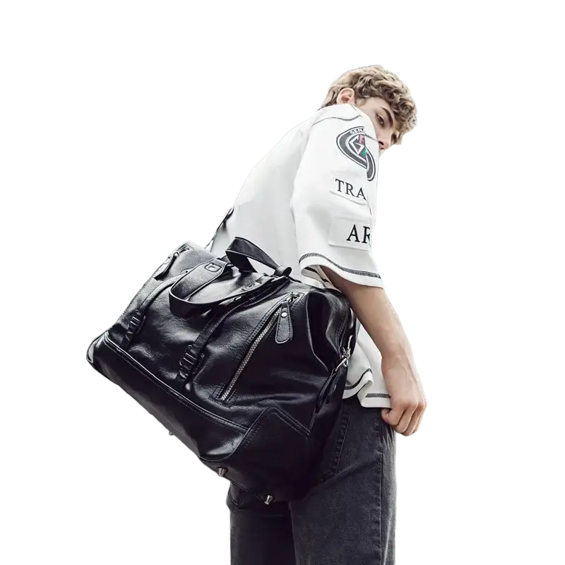 Black leather men travel shoulder bag duffel with multiple zippers and sturdy handles for travel bags use