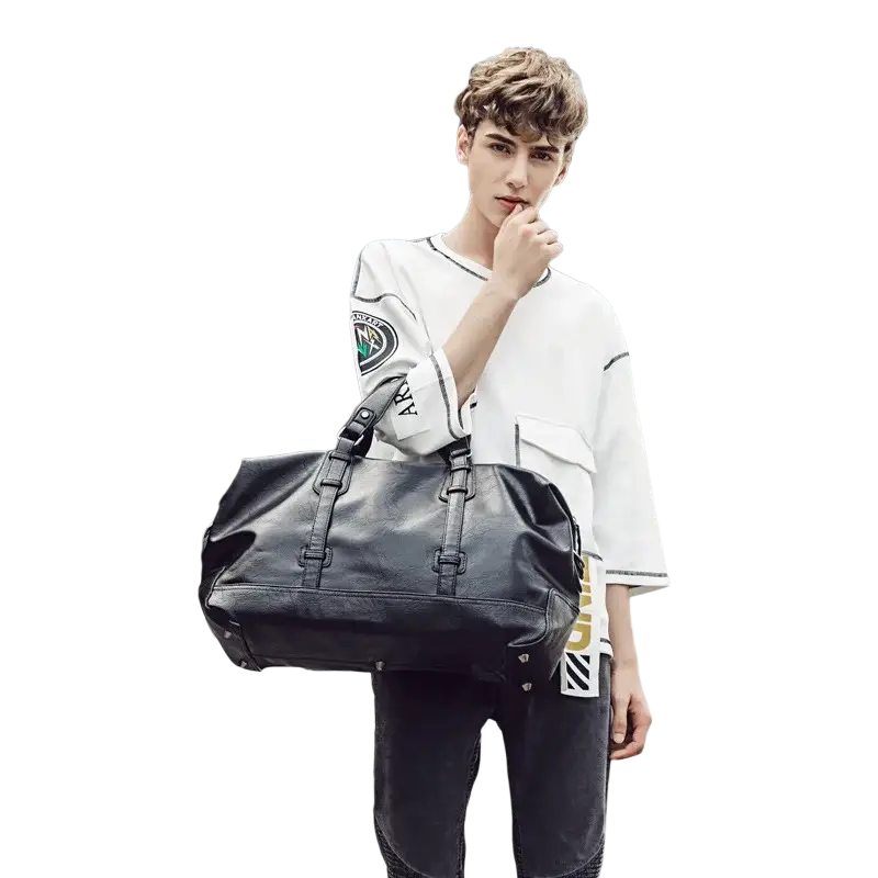 Black leather men travel bag duffel shoulder bag with reinforced straps and structured design for travel use