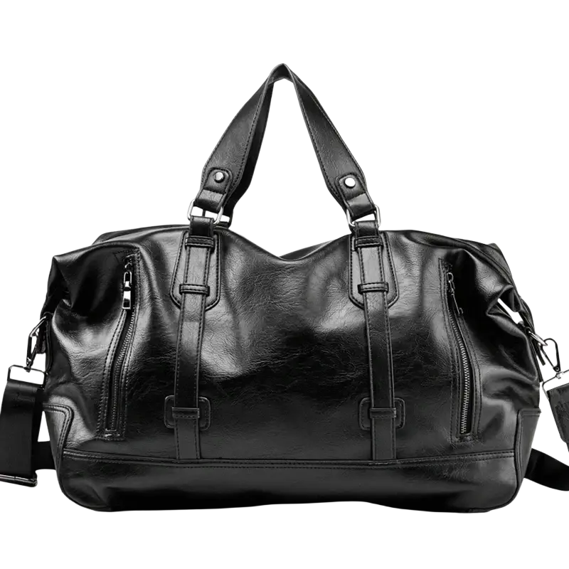 Black leather men travel bag duffel shoulder bag with dual top handles and adjustable strap for travel bags use