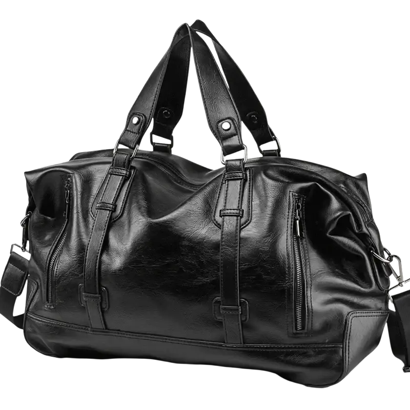 Black leather men travel bag duffel shoulder bag with sturdy handles and side zippers for durable travel bags use