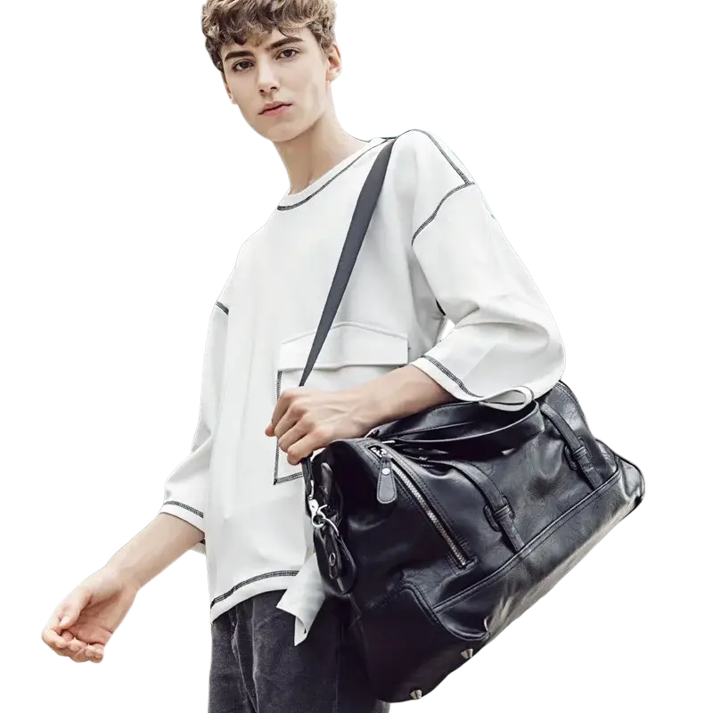 Black leather men travel bag with multiple zippers and sturdy strap durable shoulder bag for travel use
