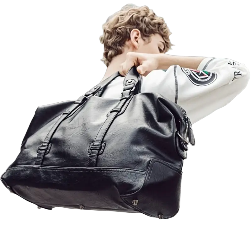 Black leather men travel bag duffel shoulder bag with reinforced straps and structured design for travel bags