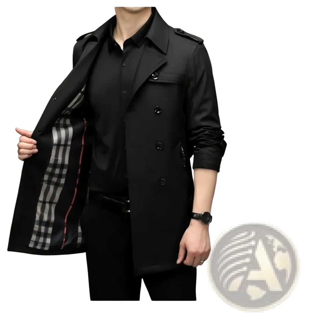 Black double-breasted men trench coat with distinctive checkered lining for business casual long windbreaker use