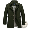 Men trench coat slim fit business casual windbreaker in dark green with silver buttons and checkered lining