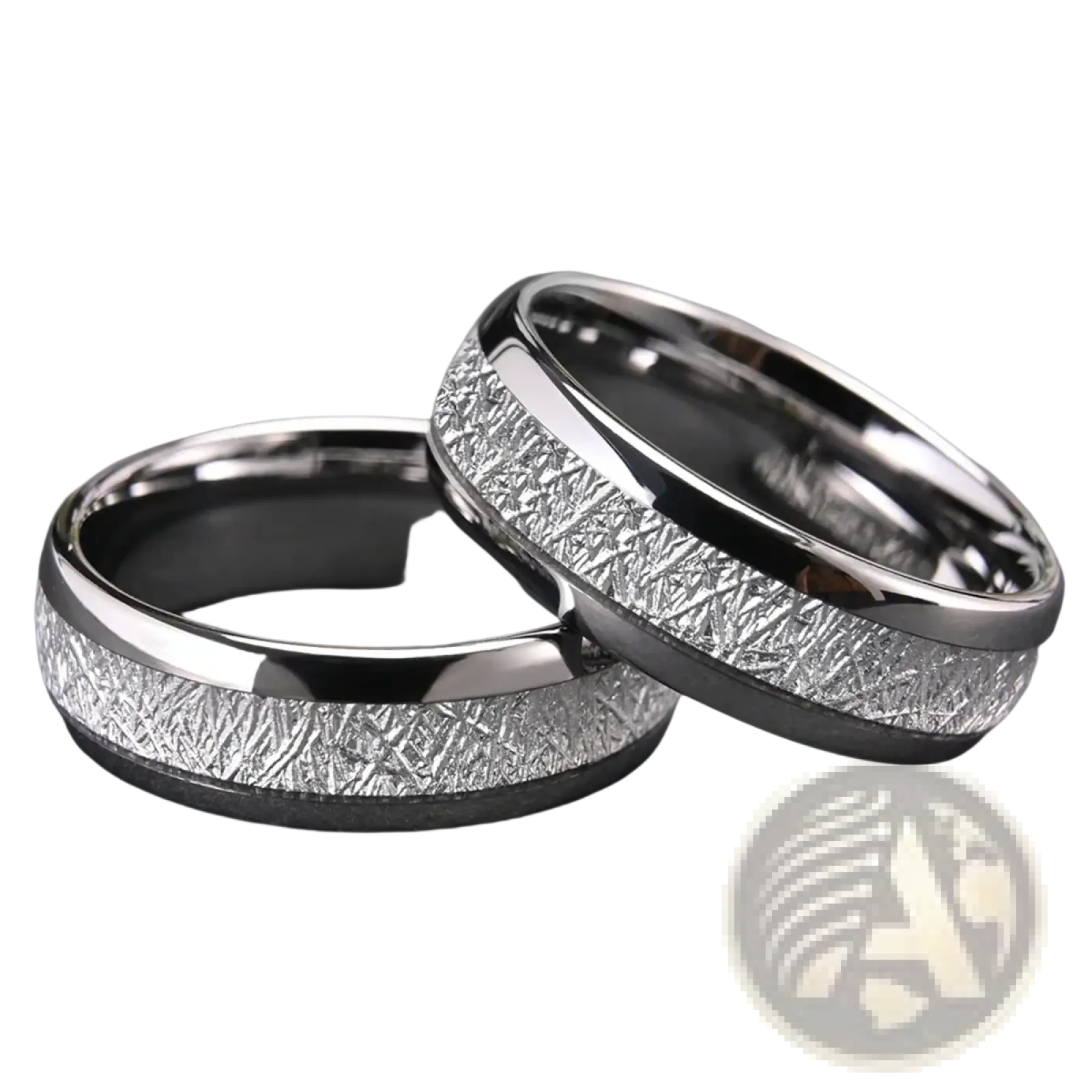 Silver and black titanium men tungsten wedding band with textured space-like pattern on the inner meteorite inlay ring