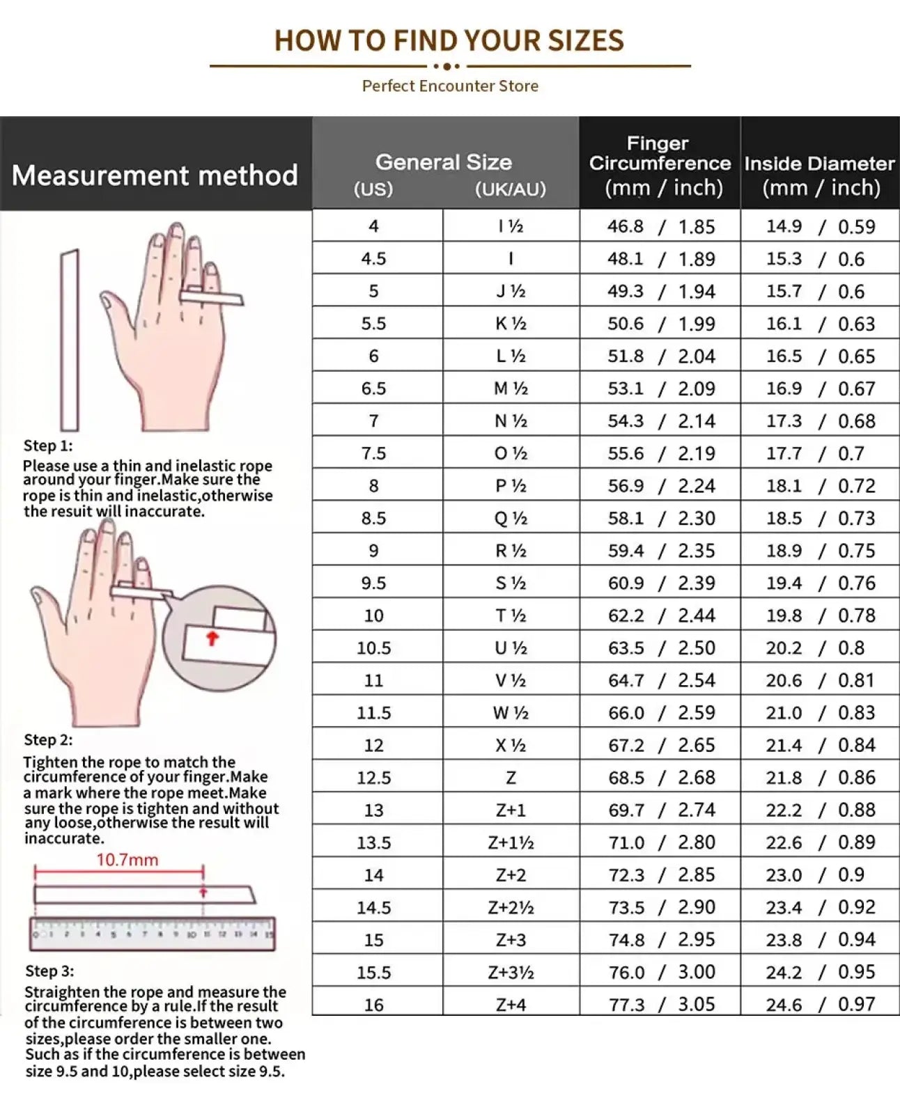 Size chart for men tungsten wedding band meteorite inlay ring showing finger circumference and diameter measurements with hand sizing steps