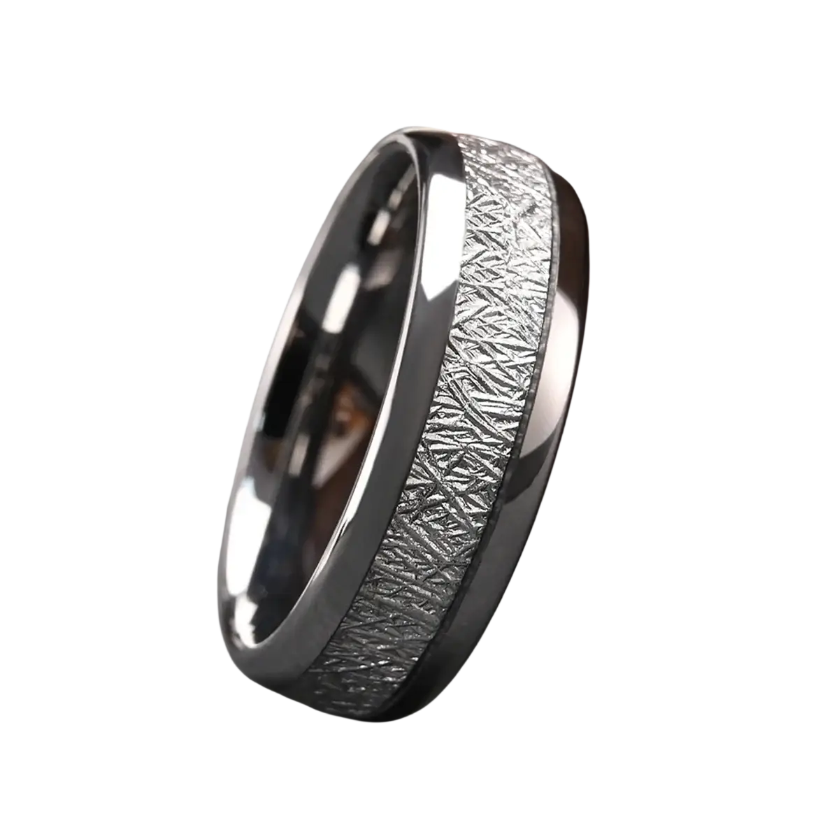 A sleek black tungsten men wedding band featuring a textured silver-toned meteorite inlay ring