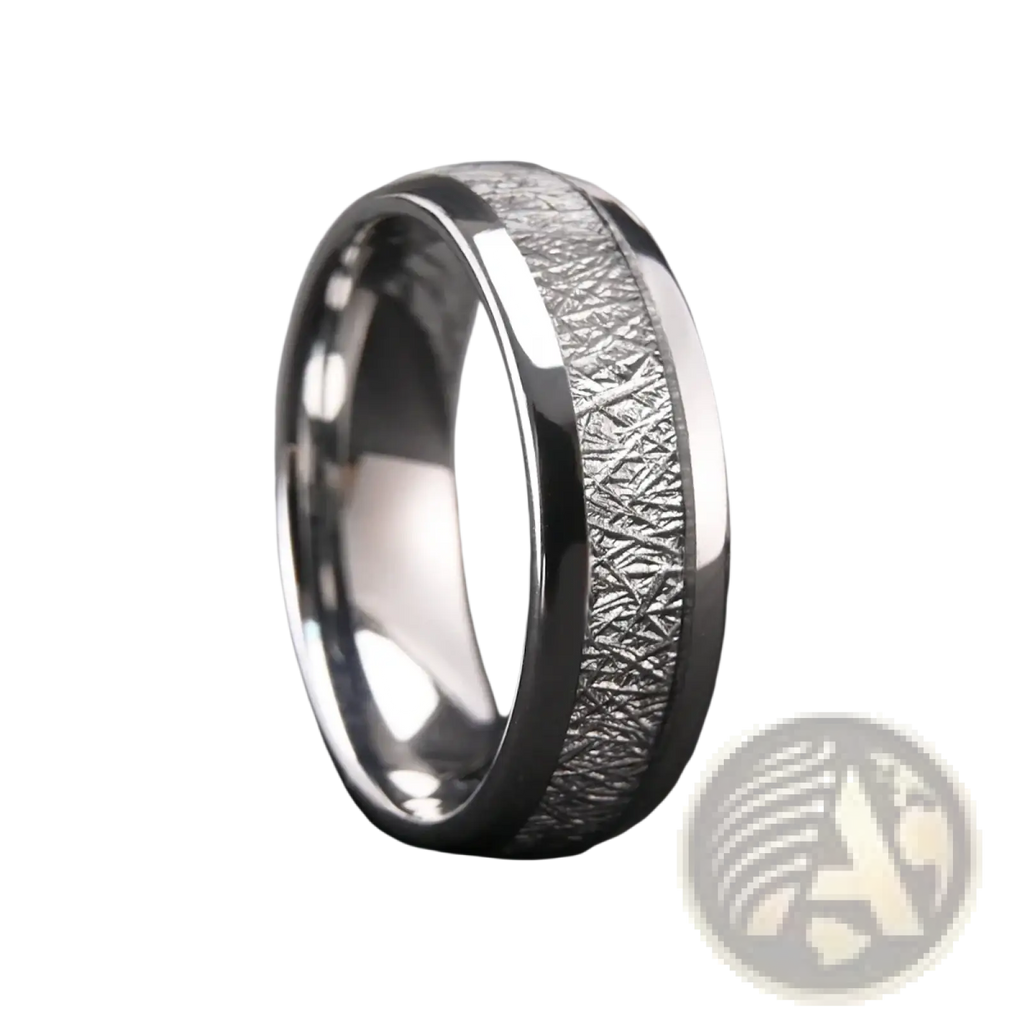 A sleek men tungsten wedding band with polished silver exterior and intricate meteorite inlay crystalline patterns
