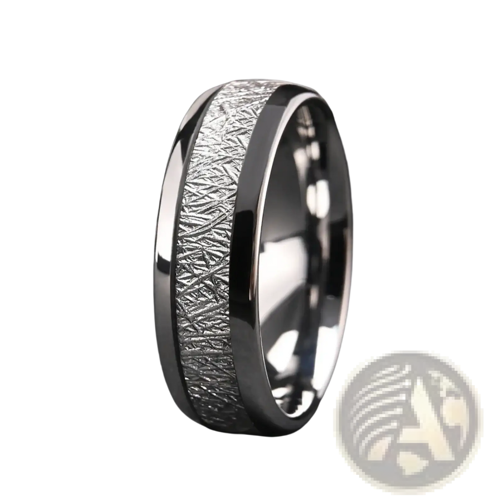 A sleek men tungsten wedding band with polished silver exterior and meteorite inlay textured inner stripe