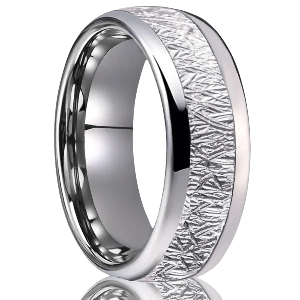 A sleek silver men tungsten wedding band with a central textured meteorite pattern inlay ring