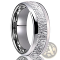 A sleek silver men tungsten wedding band with a central textured meteorite pattern inlay ring